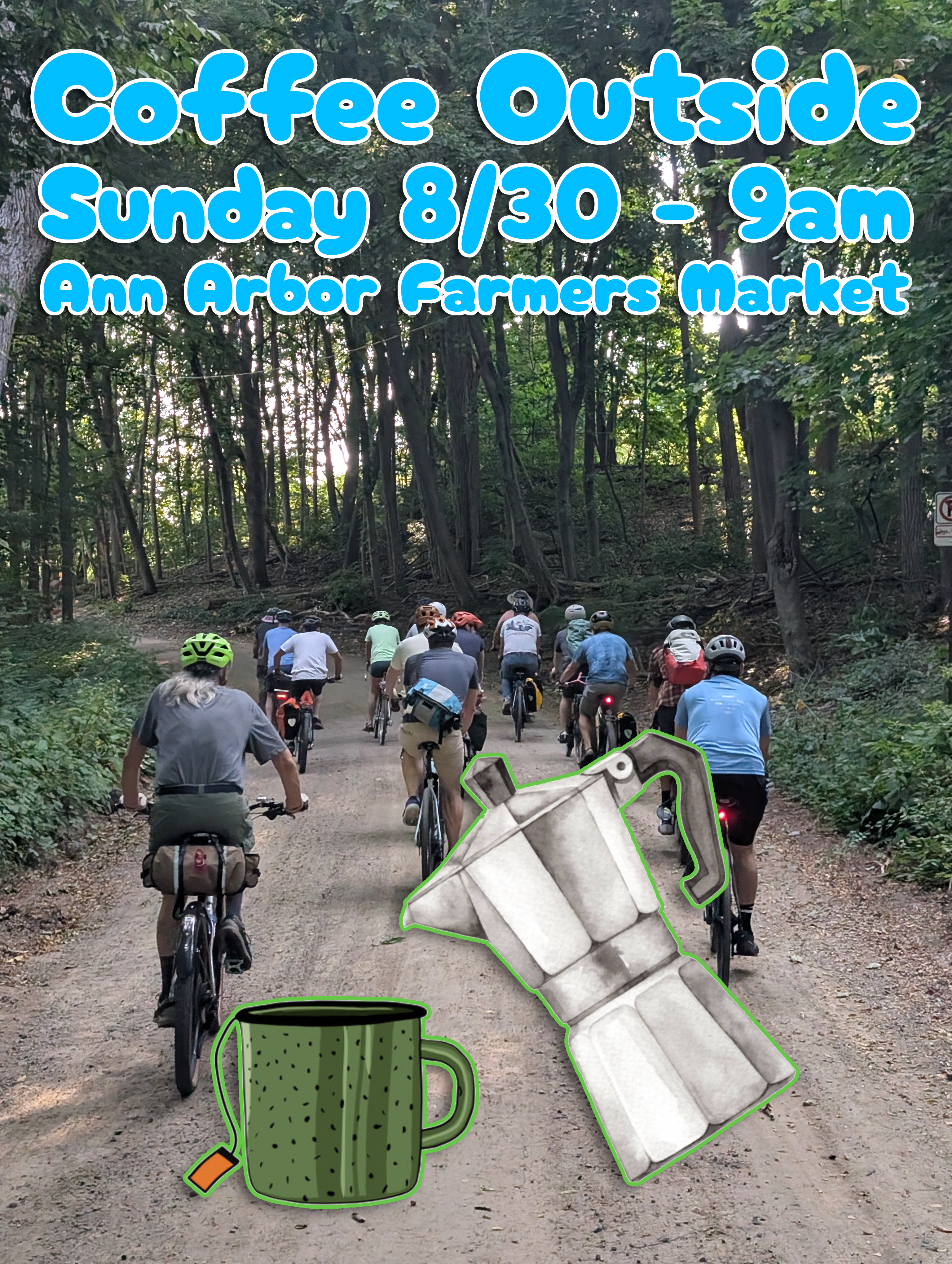 Two Tired Bicycle Club riders biking through the woods with coffee gear pictured in front